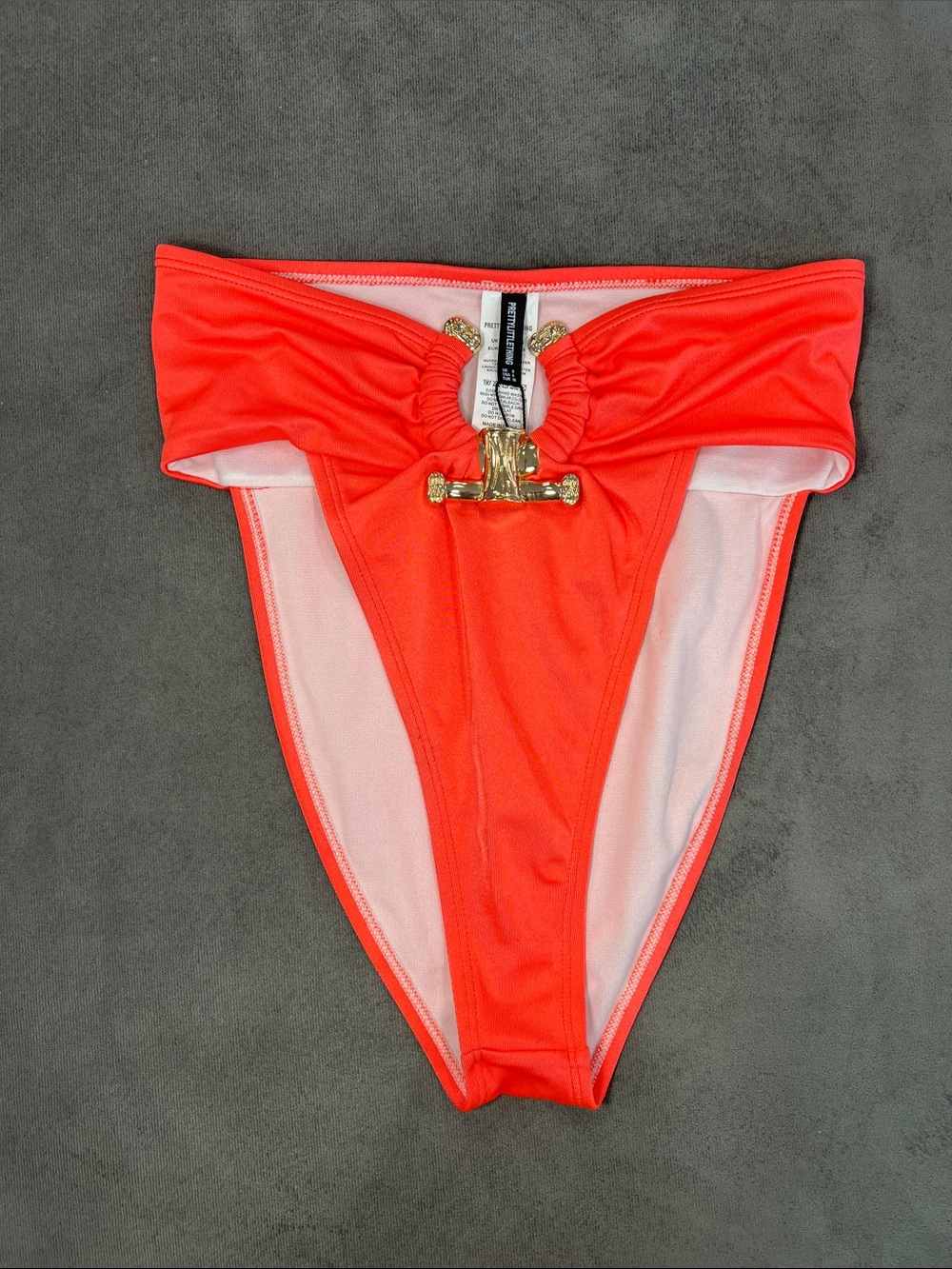 PrettyLittleThing Neon Coral High Leg Bikini Bottoms with Gold Accent US 4